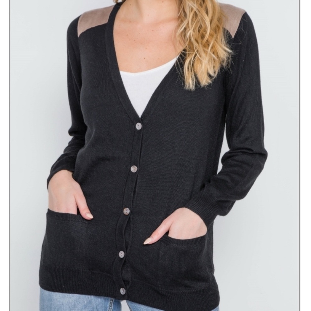 NWT wool blend Black Knit Contrast Shoulder Button down Cardigan